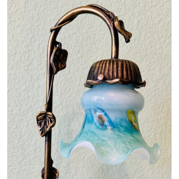 Praying Girl Table Lamp Art Nouveau Glass Shade Vine Leaves  Praying Girl Table Lamp Art Nouveau Glass Shade Vine Leaves Blue 14.5\